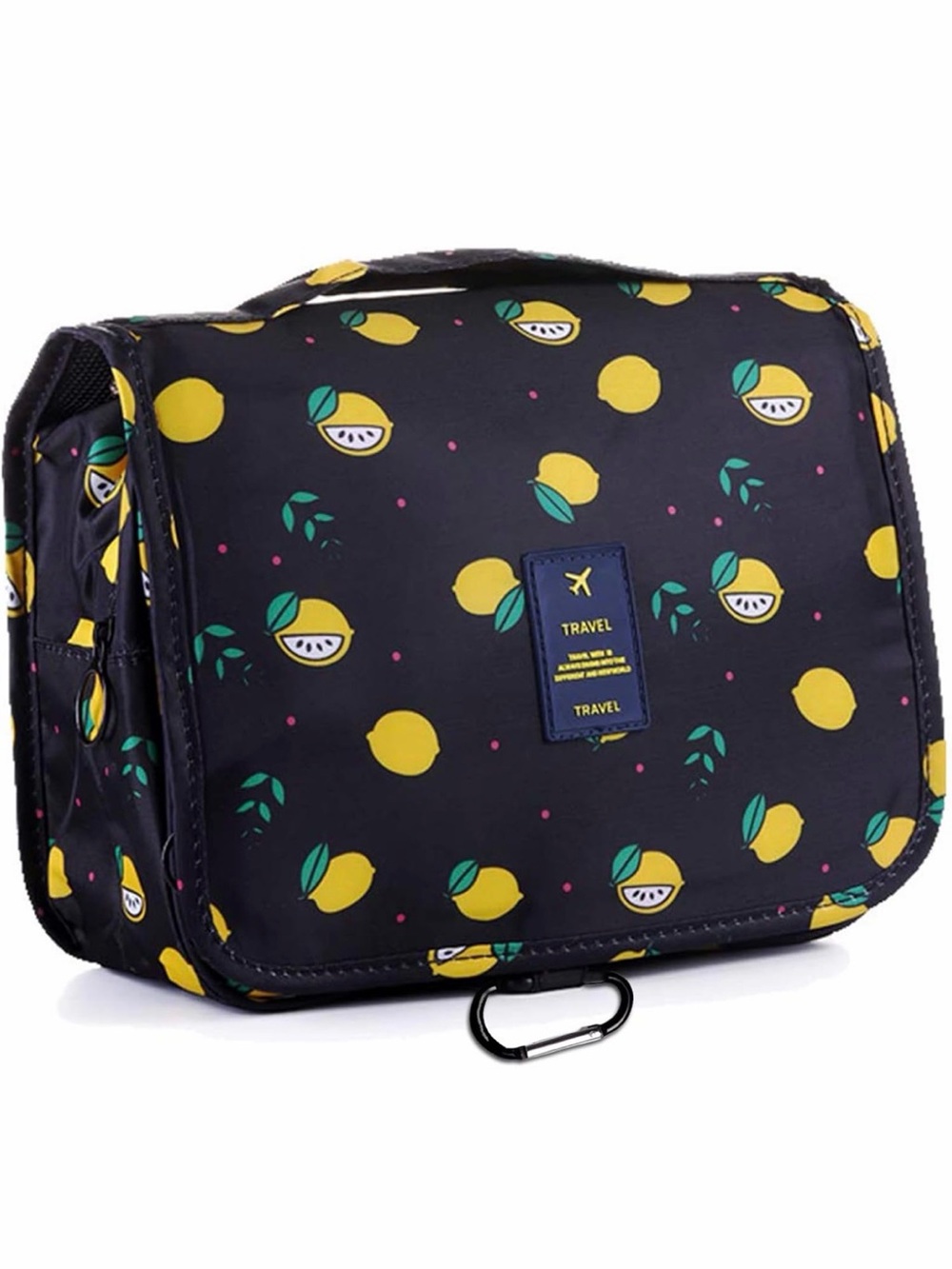 Travel Black hanging Toiletry Bag with Yellow Lemon Print multiple pockets